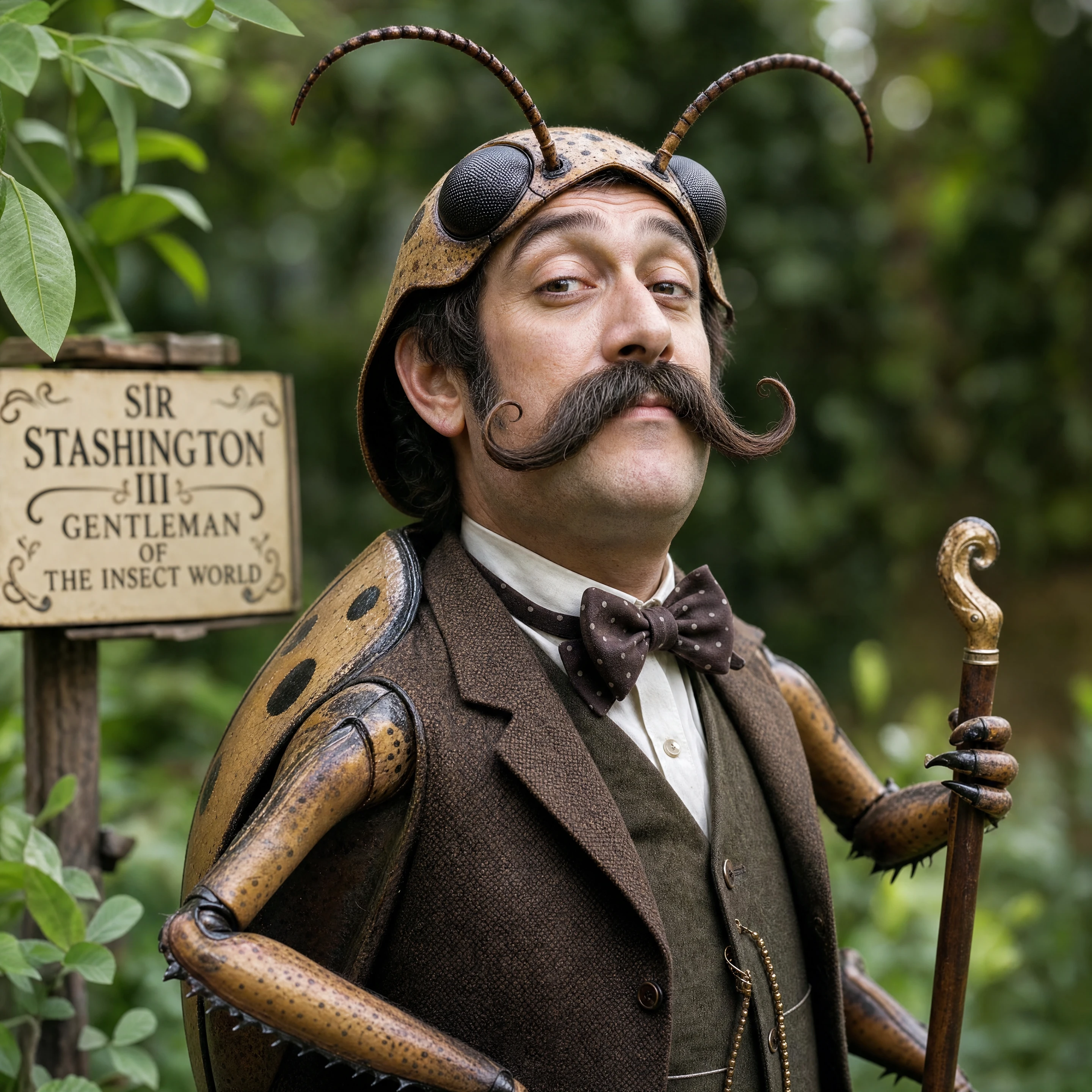 AI-generated image: laughing portrait, mustache, insect fusion, whimsical scene, natural lighting
