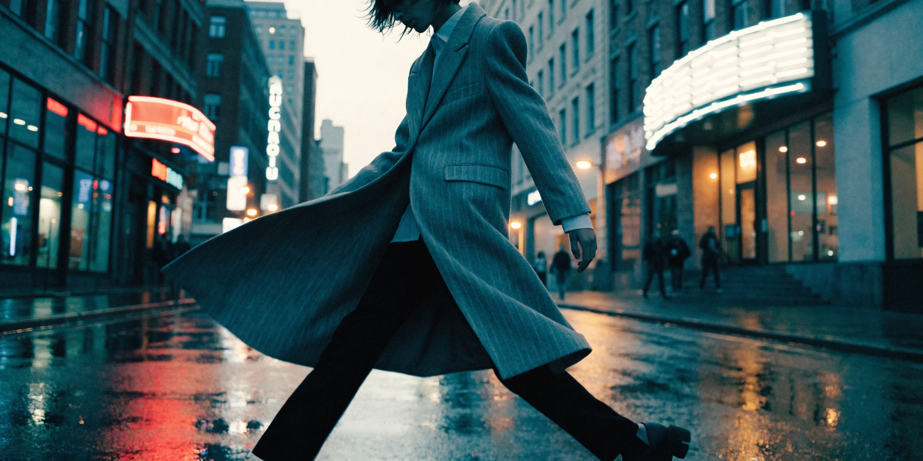 AI-generated image: fashion campaign, urban street, wet pavement, cinematic color, motion blur